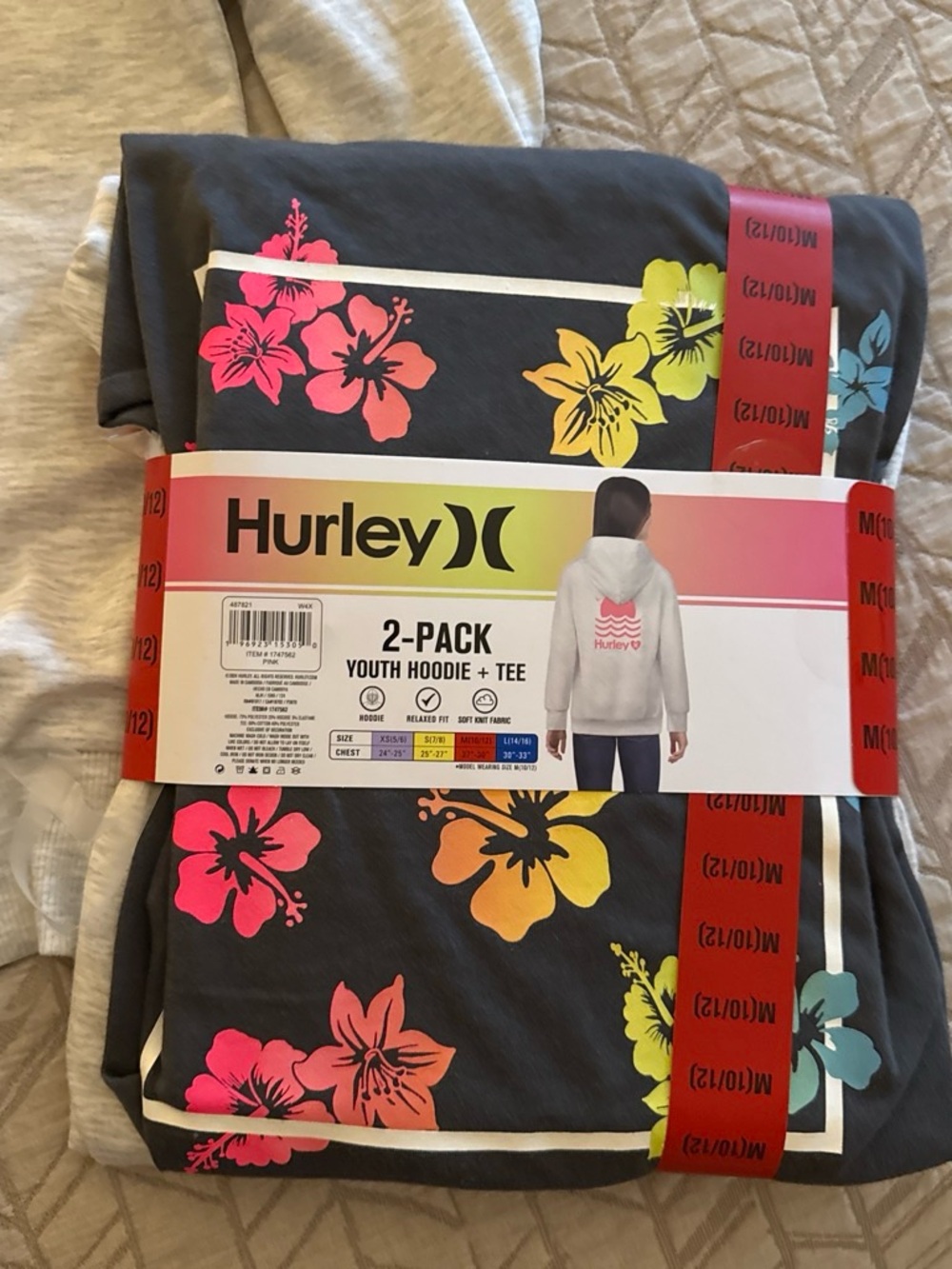 Hurley Youth 2-Pack Hoodie & Tee - Floral Gray with Neon Accents